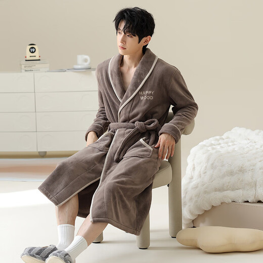 Modal pajamas men's bathrobe autumn and winter flannel bathrobe robe plus velvet thickened long coral velvet winter nightgown men's winter DBX-15563 Mi Xing 2XL - weight 140-160Jin Jin is equal to 0.5 kg