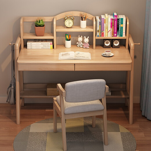 Bamboo sound solid wood desk student study desk Nordic simple study computer desk home desk bookshelf combination writing desk solid wood color imported solid wood without leather adjustable height 1 meter solid wood single table