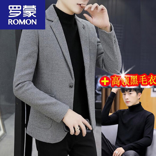 ROMON autumn and winter woolen suit men's jacket plus velvet thick single Western Korean version slim fit top trend gray 1988 suit plus velvet XL