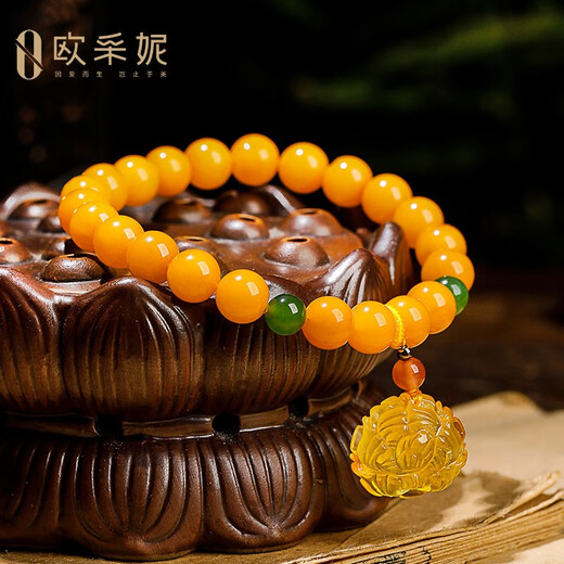 Ouchini beeswax bracelet, natural amber chicken fat, yellow old beeswax, gold amber rose pendant, jasper round bead multi-treasure bracelet, ladies gift, comes with national inspection certificate, one thing, one certificate, supports re-inspection