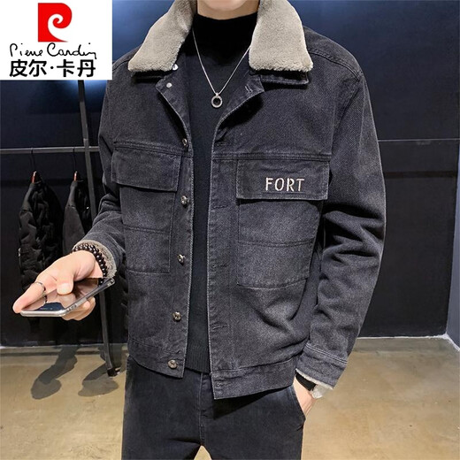 Pierre Cardin denim jacket men's winter velvet thickened Korean version trendy all-match work jacket men's clothing 8136 black XL