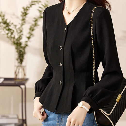 Modal V-neck black shirt women's long-sleeved 2026 spring and autumn new style chic and beautiful shirt high-end waist slimming top black XL recommended 115-125 Jin Jin equals 0.5 kg