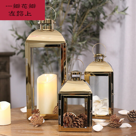 烛台烛光晚餐欧式简约不锈钢轻奢烛台摆件金色银色防风风灯浪漫 6629L香槟金加电子蜡烛7.5*20CM