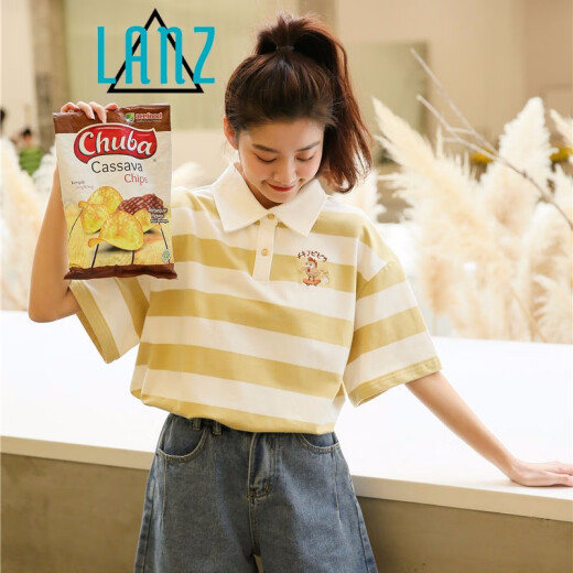 Lan Ye embroidered polo shirt girl's top summer new Korean style small fresh striped short-sleeved T-shirt female students loose cute blue one size