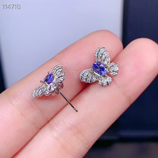Zhanyuan S925 silver inlaid natural tanzanite earrings, exquisite and fashionable two-color butterfly earrings 4*5mm, light luxury and versatile temperament