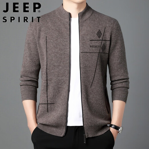 Jeep (Jeep) Collar de pie de pie de primavera y otoño Cardigan de lana pura para la chaqueta de mediana edad y jóvenes de mediana edad de los hombres versátiles versátiles de suéter casual cálido marrón claro 175/L [Adecuado para 135-150jin [Jin equivale a 0.5 kg]]]