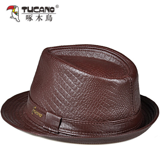 Woodpecker new hat men's spring and autumn style jazz hat for middle-aged and elderly British retro gentleman hat first layer cowhide top hat casual brown XL (57-58cm)