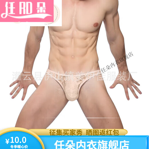 Renduo European and American men's lace thong underwear sexy underwear transparent 1 skin color L