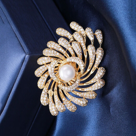 QUAMER luxury atmospheric fireworks brooch women's suit sweater high-end freshwater pearl corsage couple golden atmospheric fireworks