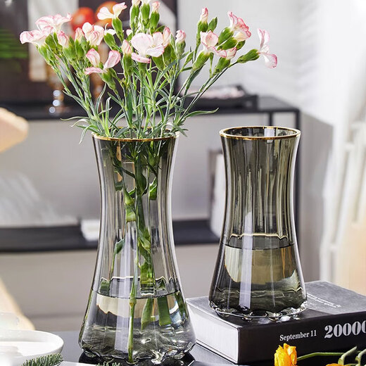 Xinnan creative waist-cut vase, light luxury, high-end glass ornaments, living room flower arrangement, water-raised flowers, high-end table decoration, light luxury ash-painted gold vase 20*9CM