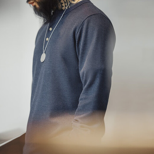 Madden Workwear American Retro Waffle Knitted Henley Shirt Slim Fit American Khaki Solid Color Long Sleeve T-Shirt Men's Autumn Navy (Sizes are too small, it is recommended to go up one size) 2XL
