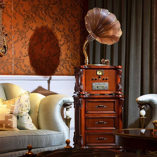 Vannessy European retro antique 62X gramophone vinyl record player old-fashioned record player with CD subwoofer living room Bluetooth audio British brown drawer turbine version (copper horn)