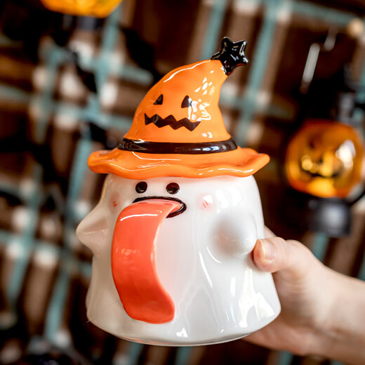 Jingdongjia Halloween gift, cute and funny ghost mug, Halloween company gift gift, girlfriend’s birthday gift, orange hat ghost mug + portable gift box + spoon