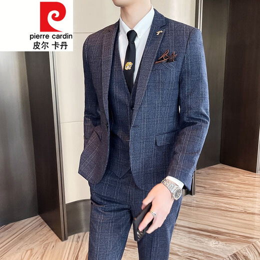 Pierre Cardin Suit Men's Slim Casual Business Formal Wear Groom Wedding Dress Plaid Suit Jacket Trend 2017 Coffee Style (Suit, Pants) Tie M (85-108Jin Jin is equal to 0.5 kg)
