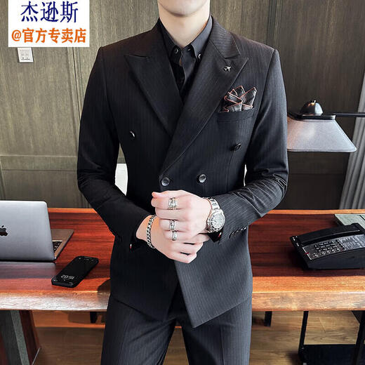 Jason's Double Breasted Suit Men's Three Piece Slim Groom Wedding Dress Complete Business Casual Suit Jacket Medium Gray (Single Suit) 4XL (Suitable for 155-170 Jin Jin equals 0.5 kg)