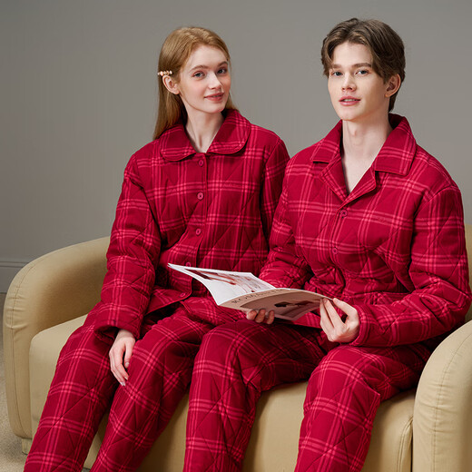 American Standard Couple Three-Layer Thickened Padded Pajamas Set for Women Autumn and Winter Red Wedding Pure Cotton Plaid Home Clothing for Men Cherry Red (Male) XL