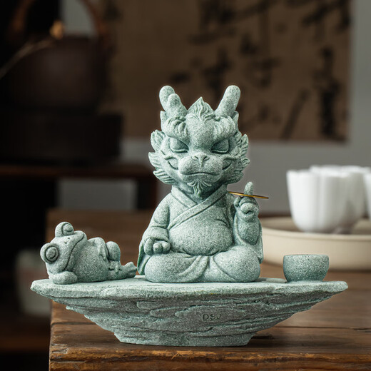 Earth Story Green Sand Stone Lucky Dragon Tea Pet Ornament One Finger Makes Money Mascot Tea Table Home Living Room Desktop 2024 Decoration Master Shenlong One Finger Makes Money - Combination Pack No Specifications