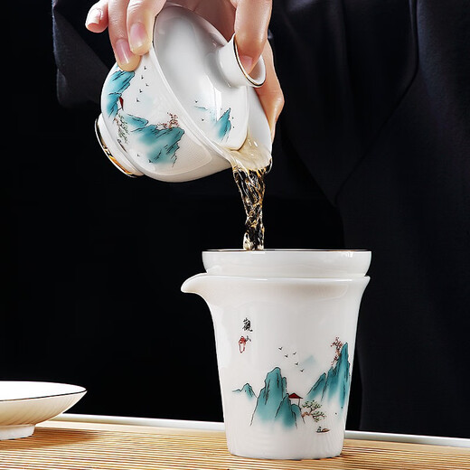 Tang Feng mutton fat jade tea set teapot cover bowl office reception tea set high-end Dehua white porcelain Kung Fu tea cup gift box