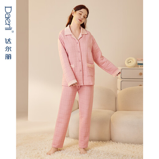 Darli three-layer air cotton quilted pajamas for couples autumn and winter pure cotton long-sleeved men and women warm thick sandwich home wear set T8235105-065-medium pink female XL