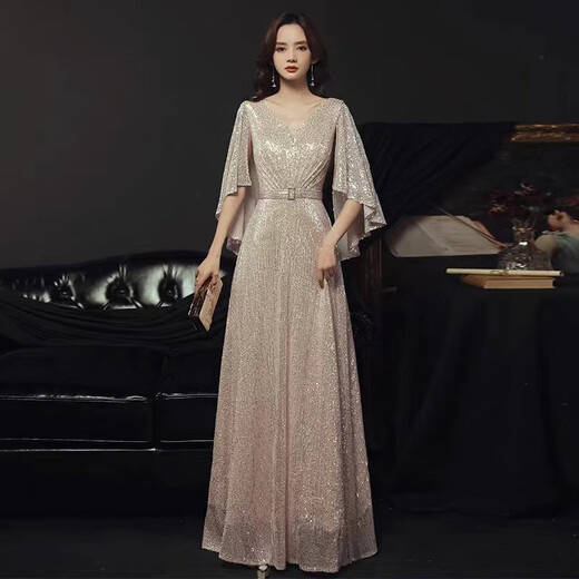 Noliti high-end evening dress banquet fashion new style noble golden light luxury high-end niche performance host female champagne color long XL