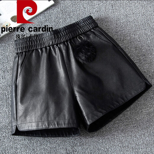 Pierre Cardin leather shorts with boots for women 2024 new spring and autumn style high-waisted small A-line outer wear PU leather pants winter boot pants 9916# black (plus velvet) 27/M