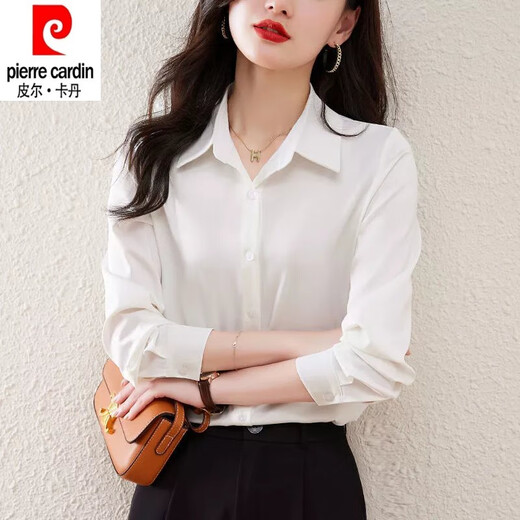 Pierre Cardin heavyweight acetate silk long-sleeved shirt for women 2026 spring and autumn new style versatile solid color mulberry silk shirt for women dark blue L 100-110Jin Jin equals 0.5 kg