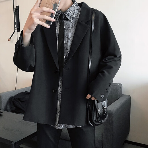 普戈斯安可拉红毛呢西装外套男士老钱风穿搭短款夹克春秋新中式西服套装 X02黑色 XL 130-145斤