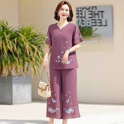 Yu Zhaolins Mutteranzug Sommer kurzärmeliger Anzug modisches Chiffon-Shirt 2025 Neuer Stil mittlerer und älterer Frauen mit breitem Bein und Rock Zwei-teiliger Set 698 Lila Anzug XL empfohlen 100-115jin [Jin gleich 0,5 kg]