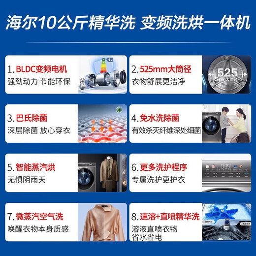 海尔（Haier）【14126升级款精华洗】纤美超薄洗衣机10KG全自动超薄滚筒洗衣机变频智能投放525mm大筒径双喷淋 14326洗烘【升级精华洗2.0】全触控炫彩大屏