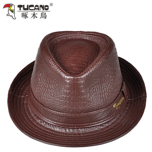 Woodpecker new hat men's spring and autumn style jazz hat for middle-aged and elderly British retro gentleman hat first layer cowhide top hat casual brown XL (57-58cm)