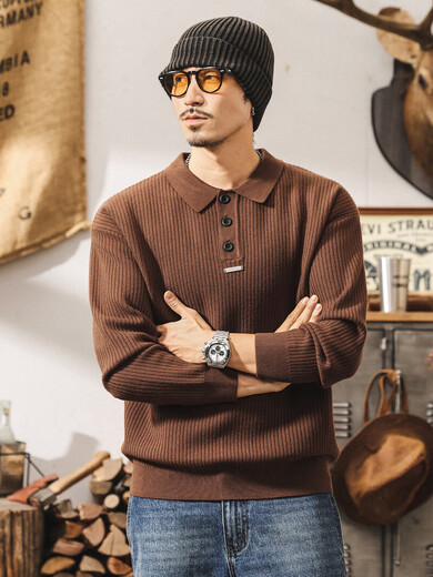 Luo Meng American retro Henry collar sweater men's autumn and winter new trendy loose casual old money style men's sweater jacket coffee color L suitable for 125-145Jin Jin equals 0.5 kg