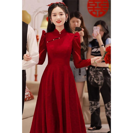 Lisaft 2025 Spring Autumn and Winter New Women's Dress Temperament Chinese Cheongsam Red Toast Dress Long Sleeve Dress S 85-98Jin Jin is equal to 0.5 kg