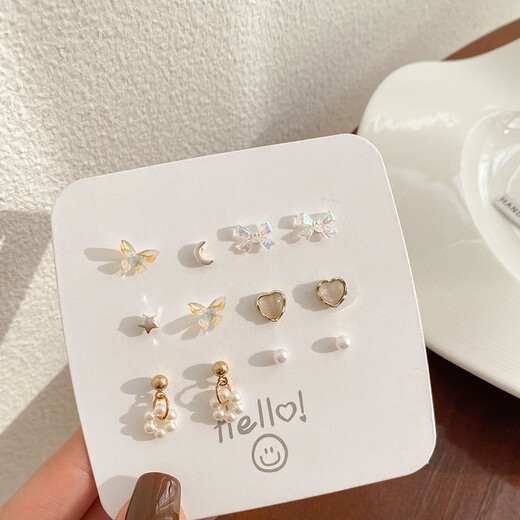 Six-piece set of bow imitation pearl earrings for women, small and exquisite cat's eye stone love earrings set for birthday gift, silver, six team outfit