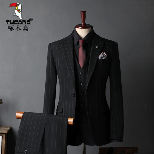 Woodpecker (TUCANO) Striped Suit Men's Full Groom's Suit British Style Groomsmen's Clothes Business Formal Wedding Suit Men's Black (suit + trousers) 50/L (112-125Jin Jin equals 0.5kg)