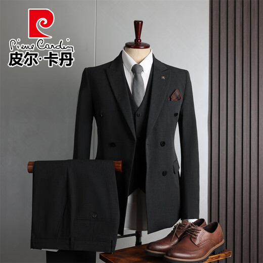 Pierre Cardin suit men's British style double-breasted professional formal business casual suit three-piece groom's wedding dress medium gray suit + pants XL 52 recommended 125-135Jin Jin equals about 0.5 kg