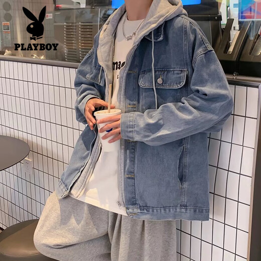 Playboy (PLAYBOY) denim jacket men's jacket handsome autumn and winter trendy brand ins hooded loose versatile trendy Korean style fake two-piece top blue M