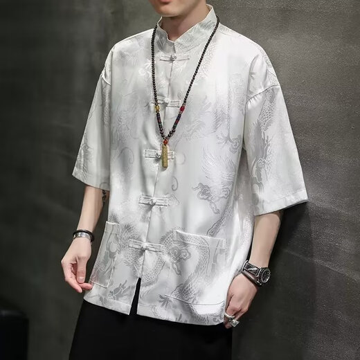 Jiaye 2025 Sommer Dünnes dunkles Drachenmuster kurzärärmiges Hemd Chinesische Tang Anzug Button Republik China Hemd Top T103 Weiß [kurzärmeliger Stil] xl