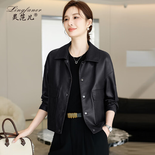 Lingfaner Haining genuine leather small leather jacket for women 2024 new spring and autumn casual first layer sheepskin jacket short style red coffee color 3XL