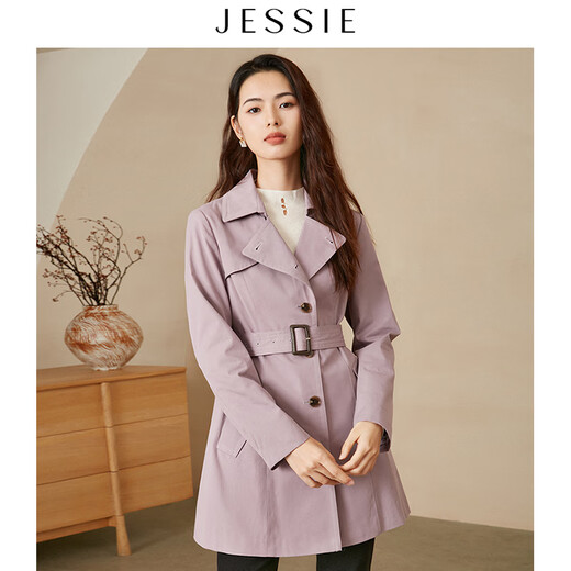 JESSIE时髦翻领长袖单排扣小个子风衣外套女秋新款 紫色 XL