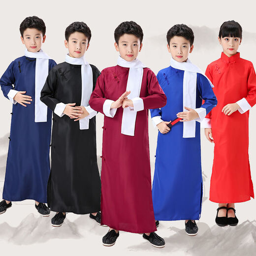 Qinsuluo children's cross talk performance costumes May 4th Republic of China coat boy storyteller Chinese Hanfu robe groomsmen performance clothes burgundy without scarf 150