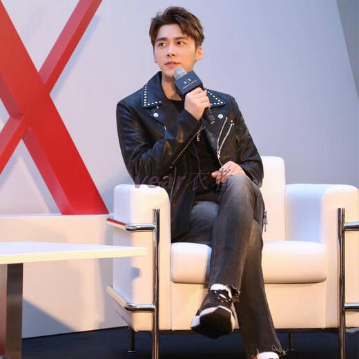 Customized male star model Wang Yibo and Yang Yang's same style motorcycle sheepskin jacket 23 autumn and winter new thickened leather jacket clip black L