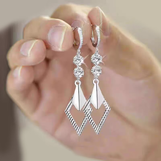 Nine-year-old 99 sterling silver double diamond geometric carving silver earrings for women, rhombus solid silver earrings birthday gift for girlfriend, classic double diamond, solid silver weight about 3g