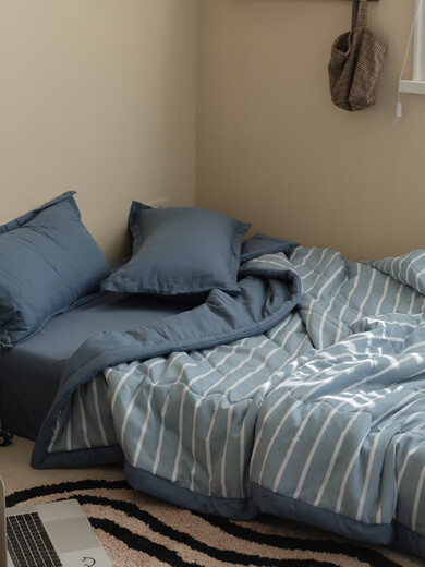 Shizuo Japanese blogger style washed cotton summer quilt summer cool quilt double air-conditioned quilt core summer thin quilt machine washable blue stripe 180x220cm single summer quilt
