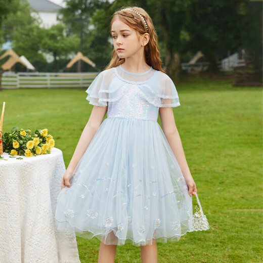 ASK JUNIOR Girls Dress Summer Thin Children's Skirt Classic Fashion Mesh Princess Dress Blue 120