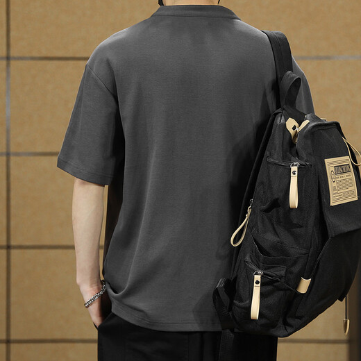 Ten Cranes American Retro Polo Shirt Men's Short Sleeve Loose Casual Half Sleeve Men's Summer Large Size Men's Henley Collar T-shirt Light Brown 2XL (160-180Jin Jin equals 0.5kg)