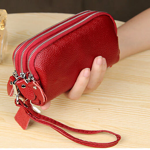 SHARELOVE Genuine Leather Small Hand Bag Women Can Hold Mobile Phone Mini Portable Coin Purse Three-Layer Zipper Wrist Bag First-Layer Cowhide Three-Layer Zipper - Black