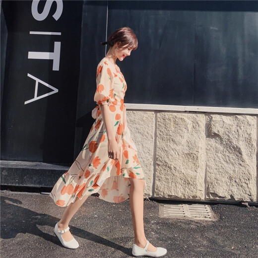 JOYOFJOY Summer Women's Korean Style Casual Fashion Beach Resort Style Printed Dress Long Skirt Women's Short Sleeve Dress Women JWQZ203533 Picture Color M