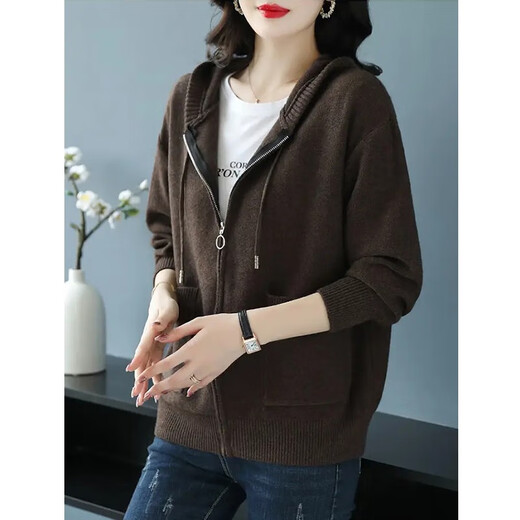 Red Dragonfly hooded sweater short coat for women spring and autumn new fashion fashion outer warm loose hooded knitted cardigan brown long sleeves one size