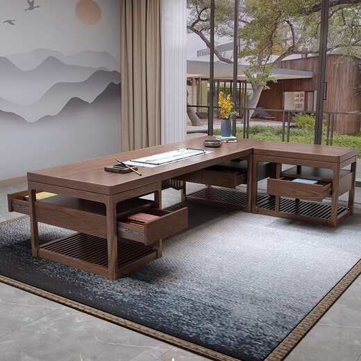 Yanxie Chengge (YARXCHEG) new Chinese style office desk and chair combination all solid wood boss desk president desk simple modern executive desk office furniture 3.0 meter table + side table + bookcase + main chair + 2 guest chairs