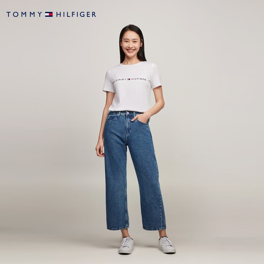 TOMMY HILFIGER Summer Women's Pure Cotton Casual Commuter Embroidery Lightweight Base Solid Color Round Neck Short Sleeve T-shirt 76J4880 White YCI M (Recommended: 110-120Jin [Jin equals 0.5 kg])